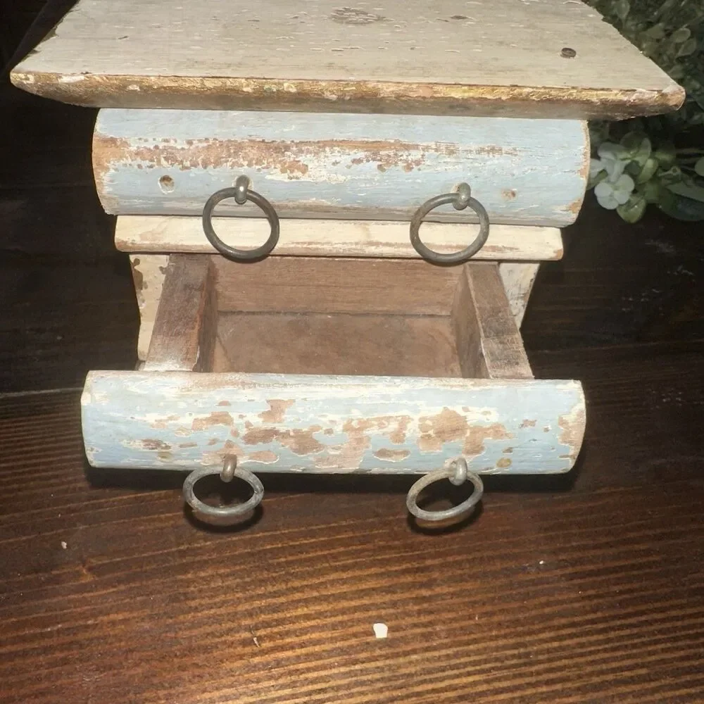 Small Rustic Weathered Shabby Chic Wooden Jewelry Spice Box 3 Drawers Beige Blue
